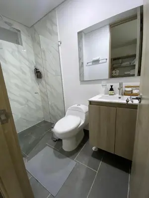 a bathroom with a toilet and a sink and a shower at Hermoso y cómodo apartamento in Sabaneta