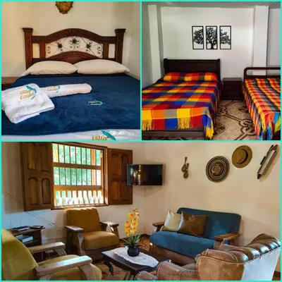three pictures of a bedroom with a bed and a living room at Finca Villa Laura in Támesis