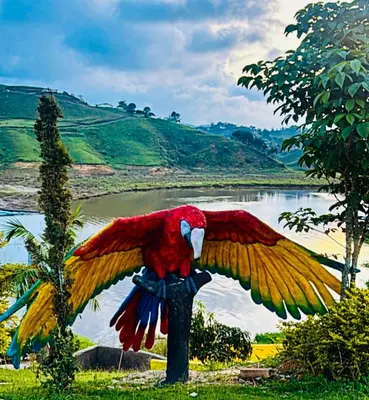 a statue of a red parrot sitting on a post at Hotel y Termales Castillo Del Lago Guatape in Horizonte