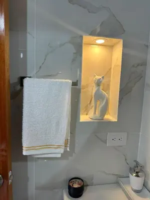 a bathroom with a statue of a cat on the wall at Paco House in Jardin