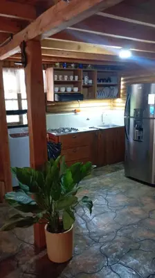 a kitchen with a stainless steel refrigerator and a potted plant at Finca la carolina in Medellín
