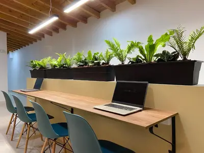 a laptop on a table with chairs and plants at Serenity Room, Habitación doble - solo a una cuadra del parque in Carmen de Viboral