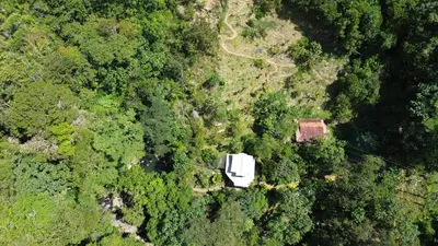 an overhead view of a house in the forest at Cascadia in Cocorná