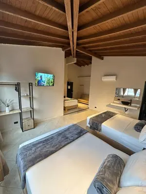 two beds in a room with a tv on the wall at Hotel Coral Boutique in Medellín