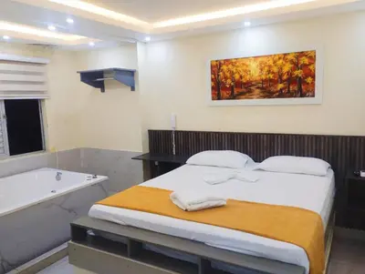 a bedroom with a bed and a bath tub and a painting at Hotel Magistral Suiter in Quibdó