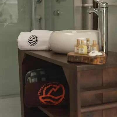 a bathroom counter with a sink and a towel at Glamping Reserva del Ruiz in Villamaría