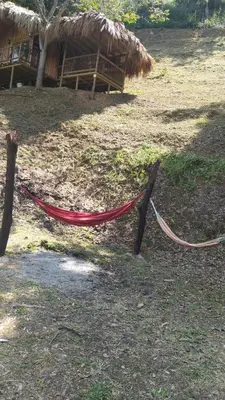a red rope tied to wooden poles in a field at Glamping Caribe con bar y bañera privada in Sopetran