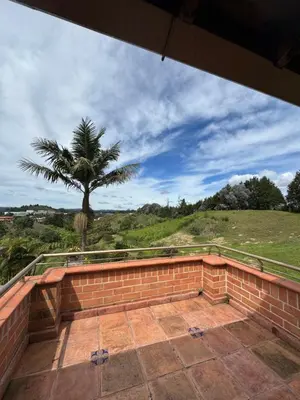 a brick wall with a palm tree in the background at Finca Villa Palmeras en Rionegro Aeropuerto JMC in Rionegro