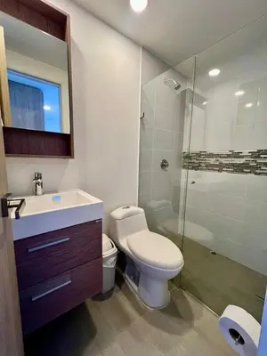 a bathroom with a toilet and a sink and a shower at Apartaestudio en el poblado cerca a Povenza 241 in Medellín