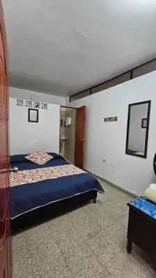 a bedroom with a bed and a mirror on the wall at Hospedaje Santa Teresita in Concepción
