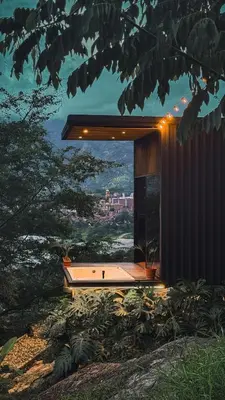 a building with a bathtub and a view of a city at Cabaña 35min de Medellín, Benevento Reserva Botánica in Girardota