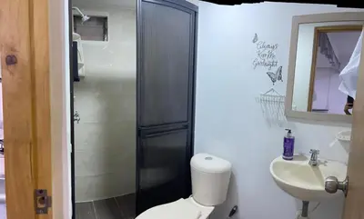 a bathroom with a toilet and a sink and a shower at Apartamento amoblado en Belén in Medellín