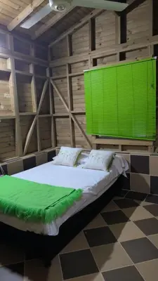 a bedroom with a large bed with a green screen at Hostal Servus Pizzeria café in San Carlos