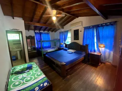 a bedroom with a large bed and blue curtains at Finca Balvanera in Sopetran