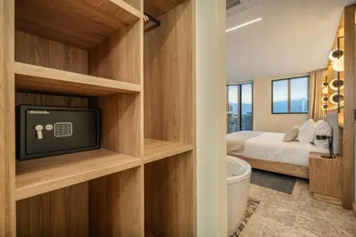 a bedroom with a bed and a television and a tub at LIN Boutique Hotel by HOUSY in Medellín