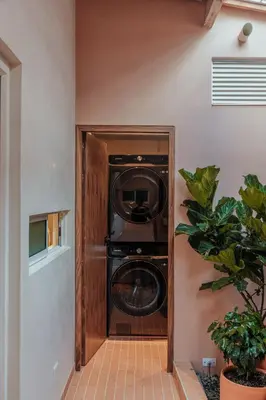 a washer and dryer in a room with a plant at New designed Loft in Laureles with AC and WiFi in Medellín