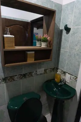 a bathroom with a green sink and a mirror at Inolvidable experiencia en Jericó, lugar tranquilo in Jericó