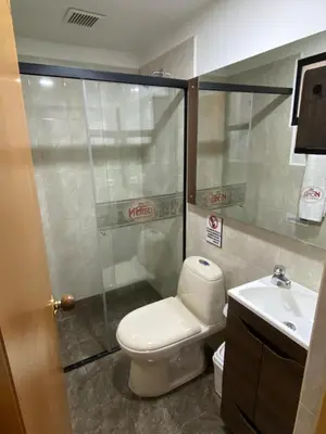 a bathroom with a toilet and a shower and a sink at Hotel Olimpo La 47 in Rionegro
