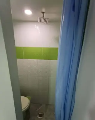 a bathroom with a toilet and a blue shower curtain at Corazón Verde in Itagüí