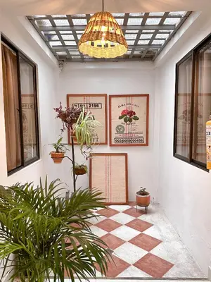 a room with potted plants and a ceiling at Hostal Rose Moor in Jardin