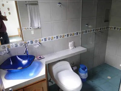 a bathroom with a sink and a toilet and a mirror at Hotel Familiar El Remanso Del Agua in Guatapé