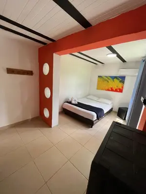 a bedroom with a bed and a painting on the wall at consorcio club Paradise in San Rafael