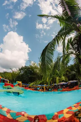 a large swimming pool with blue water and palm trees at consorcio club Paradise in San Rafael
