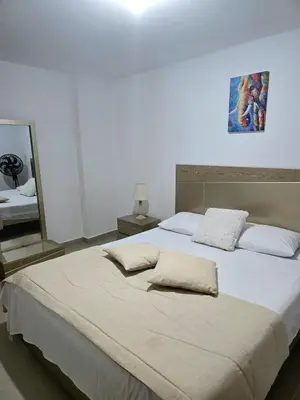 a bedroom with a large bed and a mirror at Cálido y moderno lugar Sabaneta in Sabaneta