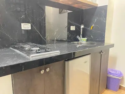 a kitchen counter with a stove and a sink at Apartamento pequeño la 70 estadio laurles in Medellín