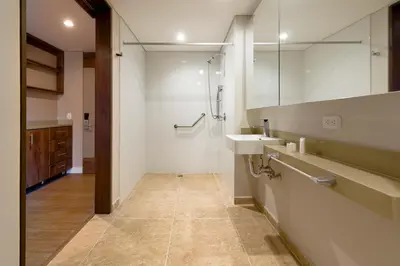 a bathroom with a sink and a shower at Elegant Space in El Tesoro Recharge in Comfort 308 in Medellín