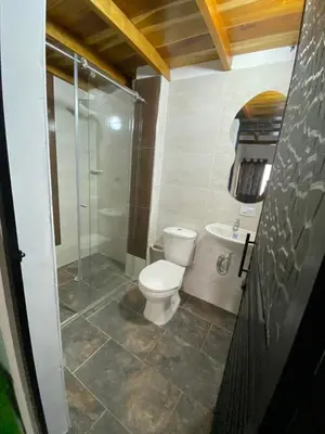 a bathroom with a toilet and a glass shower at Habitación tipo loft turistico in Mariquita