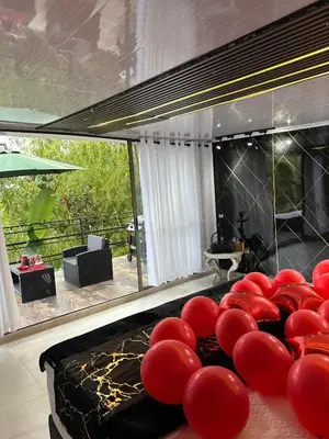 a room with red balloons on a bed with a fireplace at Le Jardin d A in Santa Bárbara