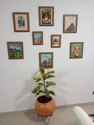 a plant in a pot in a room with pictures on the wall at Casa amplia y acogedora en el corazón de Laureles in Medellín