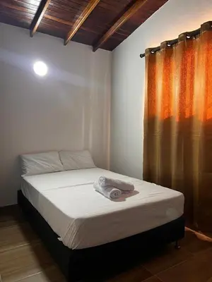 a bed in a room with a curtain and a bedvisor at Bombona Apartment in Medellín