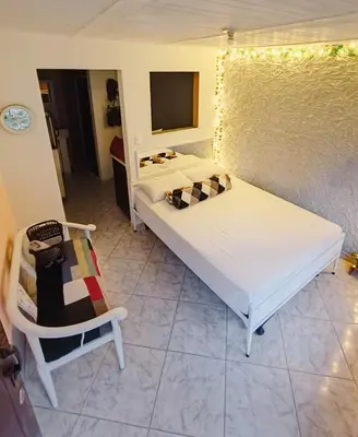 a bedroom with a white bed and a chair at Apartamento en concepción entorno natural in Concepción