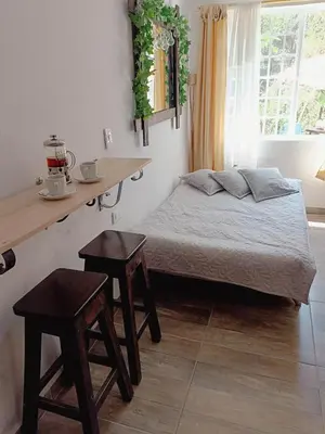 a bedroom with a bed and two tables and a window at Moderno y acogedor departamento in Concepción