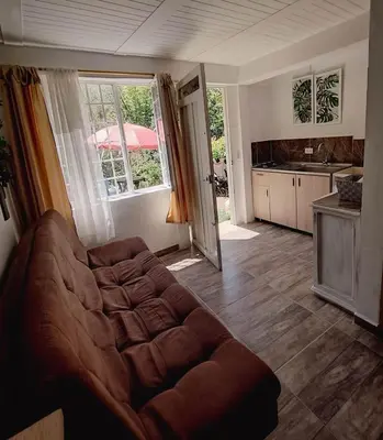 a living room with a couch and a kitchen at Moderno y acogedor departamento in Concepción