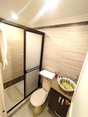 a small bathroom with a toilet and a sink at Comodo apartamento 2-2 - Parqueo cubierto para 1 carro - En el corazón de Guatape in Guatapé