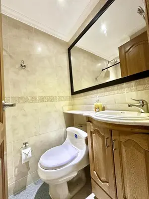 a bathroom with a toilet and a sink and a mirror at Beautiful Laureles apartment in Medellín