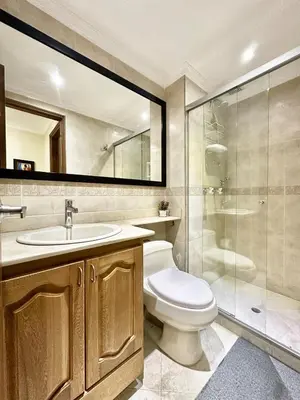 a bathroom with a toilet and a shower and a sink at Beautiful Laureles apartment in Medellín