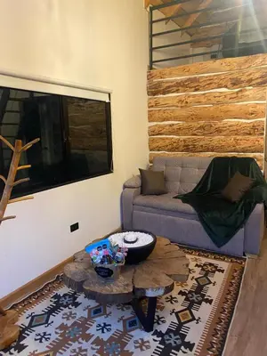 a living room with a couch and a table at Cabaña Malbec - La Cava Lodge in Medellín