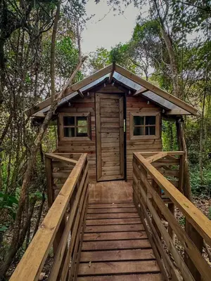 a wooden cabin in the woods with a wooden bridge at Cabaña Malbec - La Cava Lodge in Medellín
