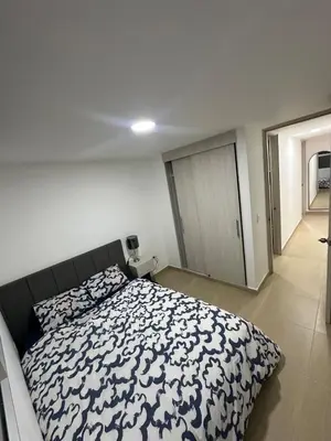 a bedroom with a bed with a black and white comforter at Comfortable apartment in Sabaneta in Sabaneta