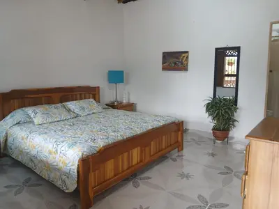 a bedroom with a bed and a potted plant at finca nalu in Jardin