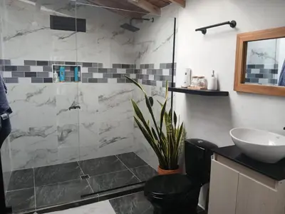 a bathroom with a sink and a glass shower at finca nalu in Jardin