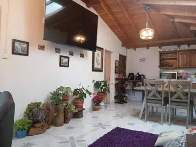 a living room with a table and potted plants at finca nalu in Jardin