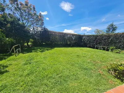a grassy yard with two benches in front of a hedge at Aparta estudio campestre in Rionegro