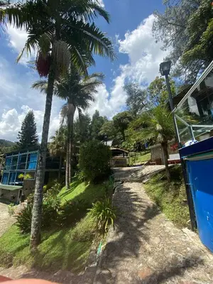 a dirt road with palm trees and a building at Finca Hotel Santo Tomas Campestre in Rionegro