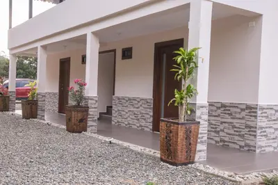 a house with three potted plants in front of it at habitación campestre para pareja JAZMIN in Jardin