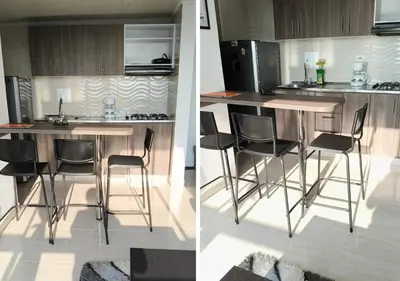 two pictures of a kitchen with a table and chairs at Apartamentos Nuevos 2 y 3 habitaciones 6 personas - Cerca a Expoferias y Bosque Popular, Cable Aereo in Manizales